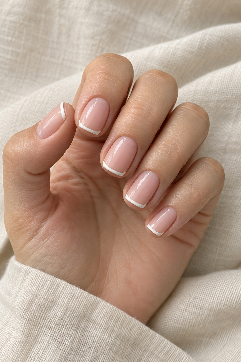 Classic micro French tip nails on short squoval nails