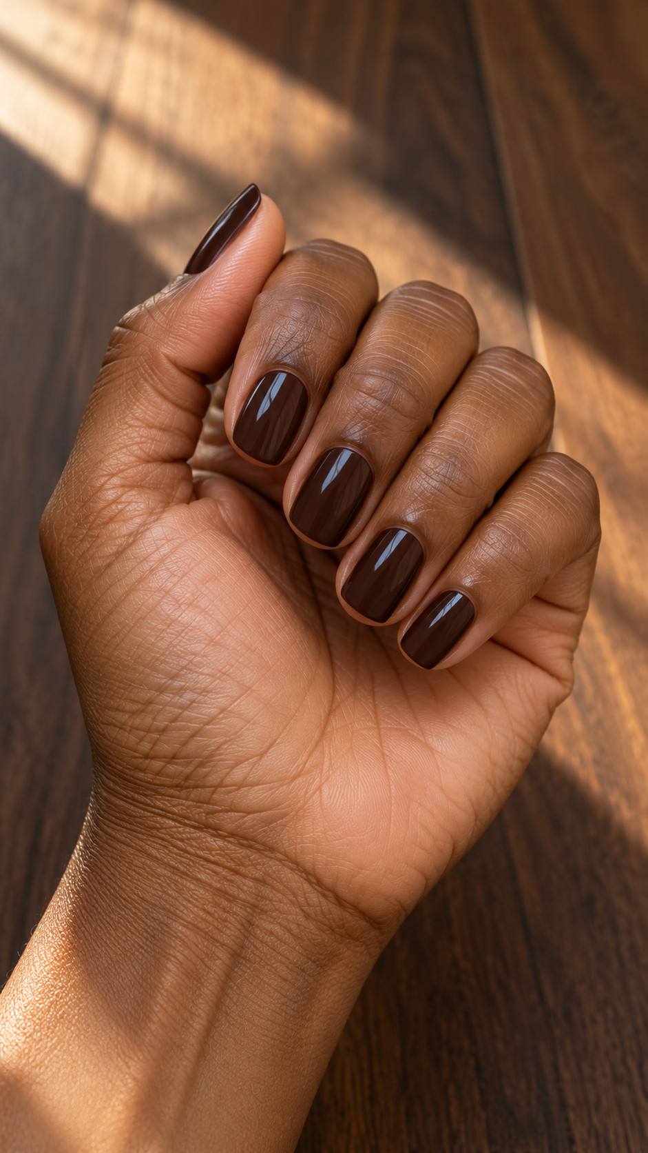 Chocolate Brown Nails idea 1: Dark Espresso Gloss manicure on a realistic feminine hand