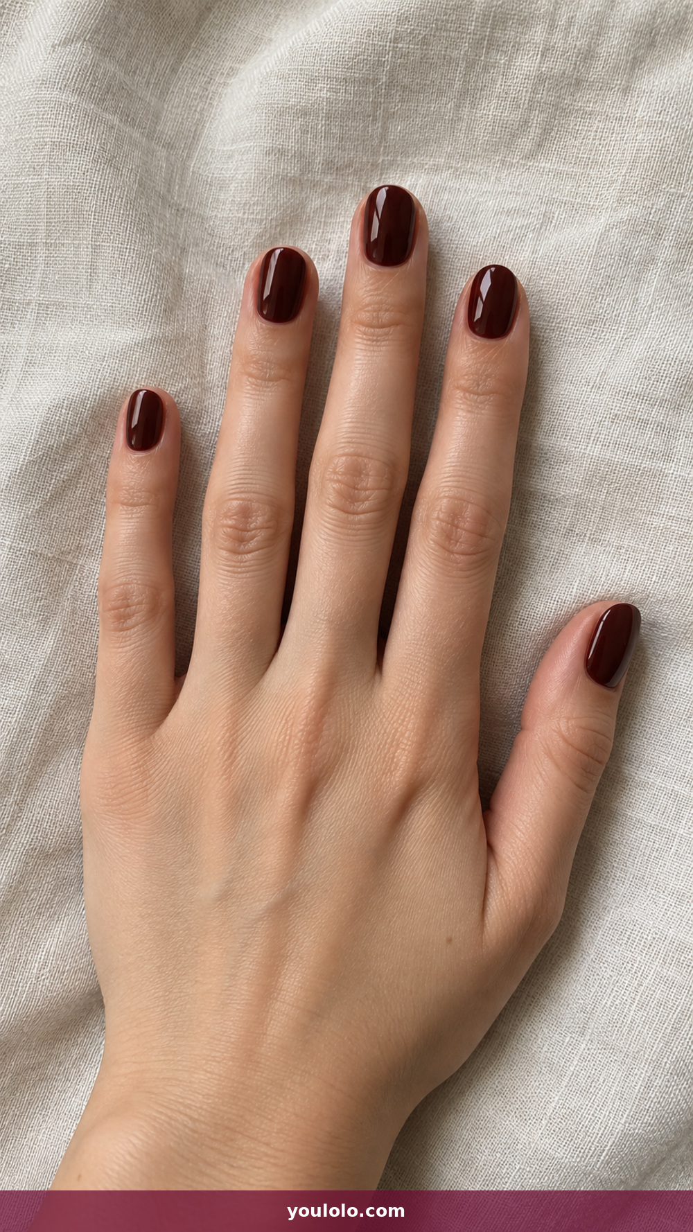 Short Oval Nails idea 1: Glossy Brown-Burgundy in a realistic fall manicure