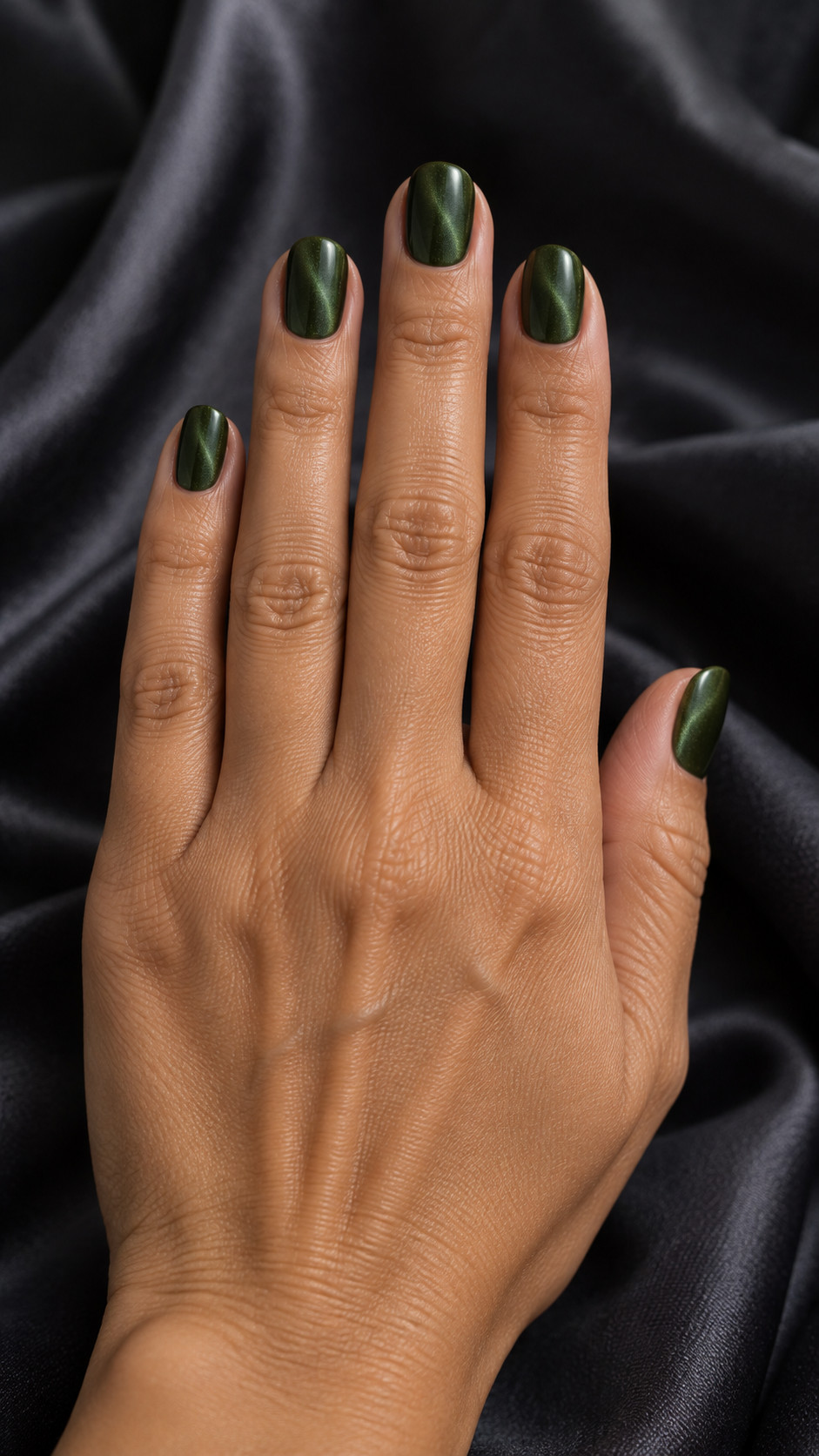 Velvet Nails idea 1: Moss Green Glow manicure on a realistic feminine hand