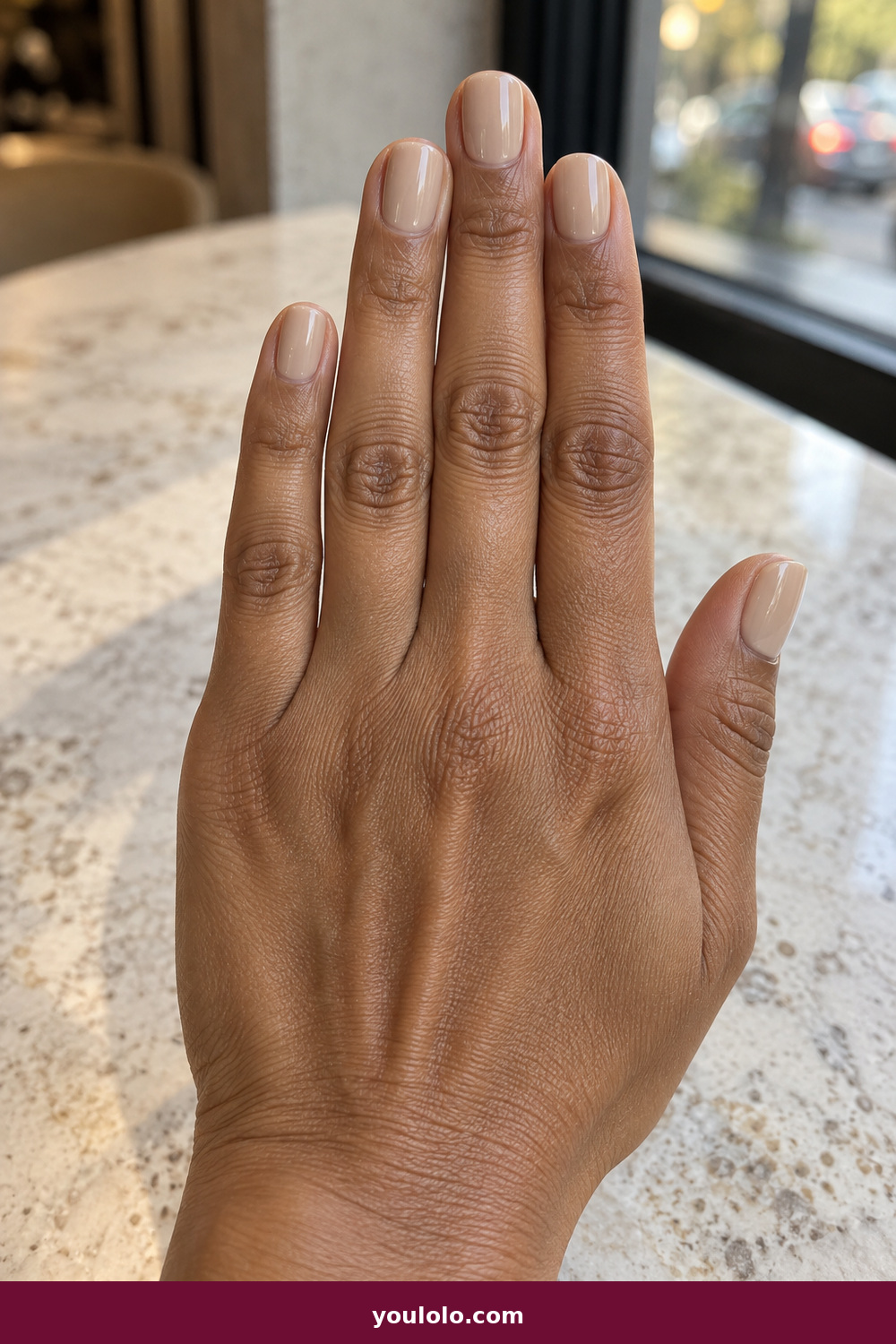 Work Nails idea 1: Oat Milk Gloss, short squoval nails in translucent warm oat beige with a glassy finish