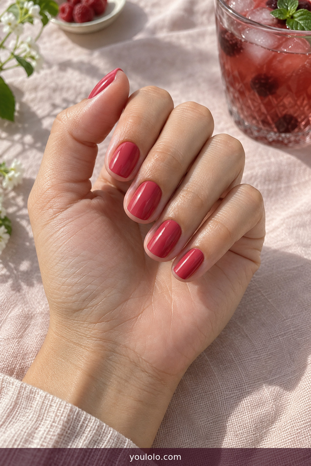 Raspberry Nails in a light sorbet pink-red gloss