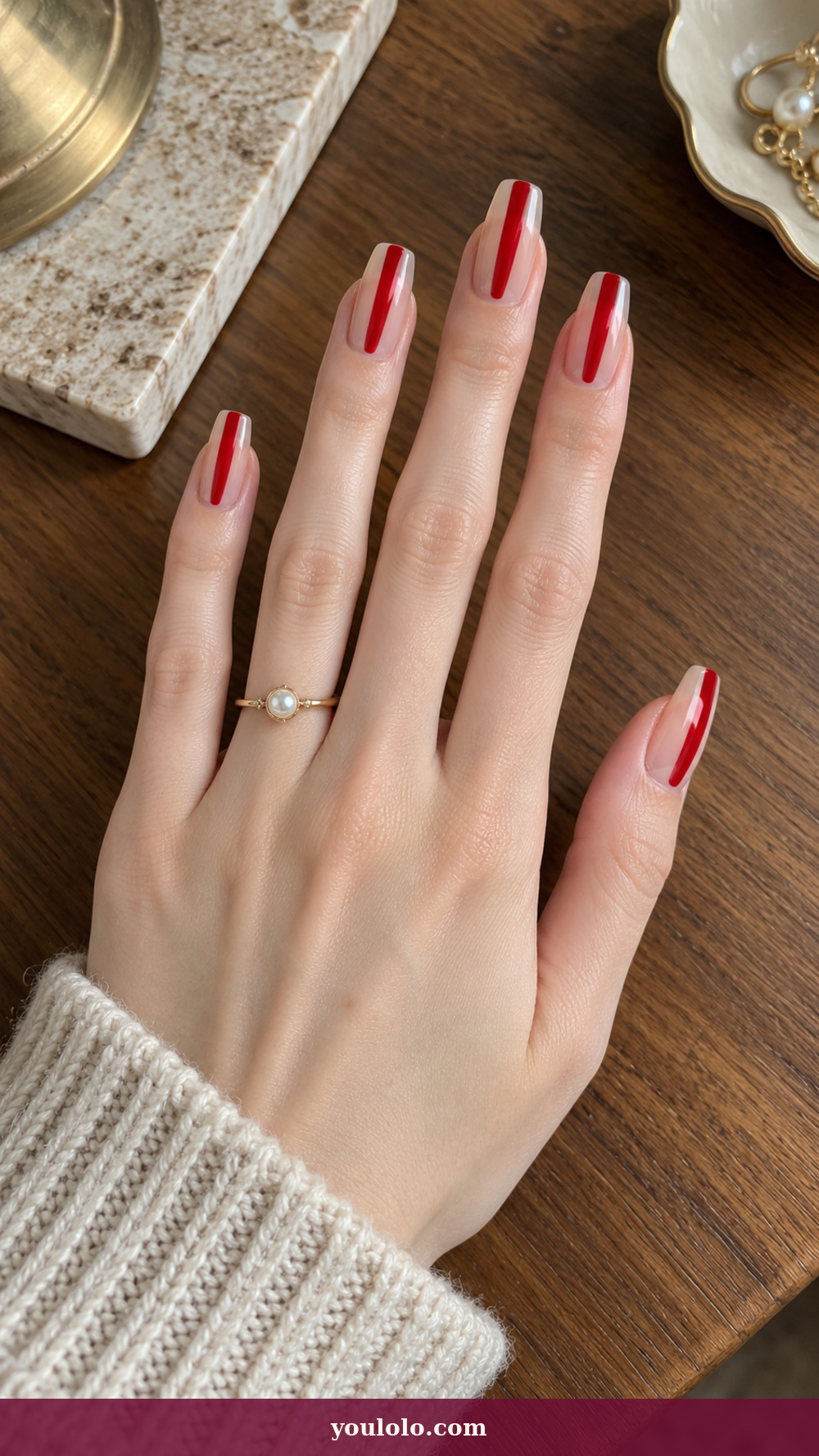 Long Square Nails idea 1: Runway Racing Stripe on a realistic feminine hand