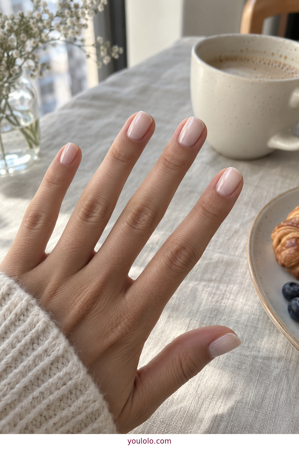 Nails Milky White with one sheer coat on short round nails