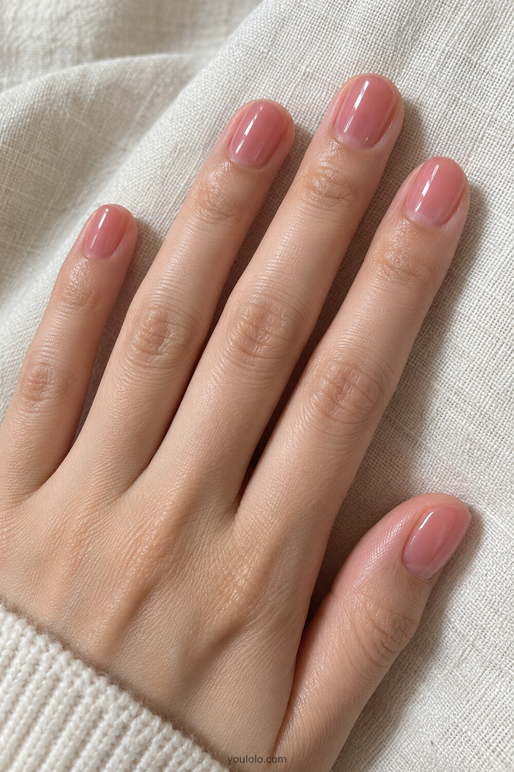 Korean Jelly Nails in translucent strawberry pink on short oval nails