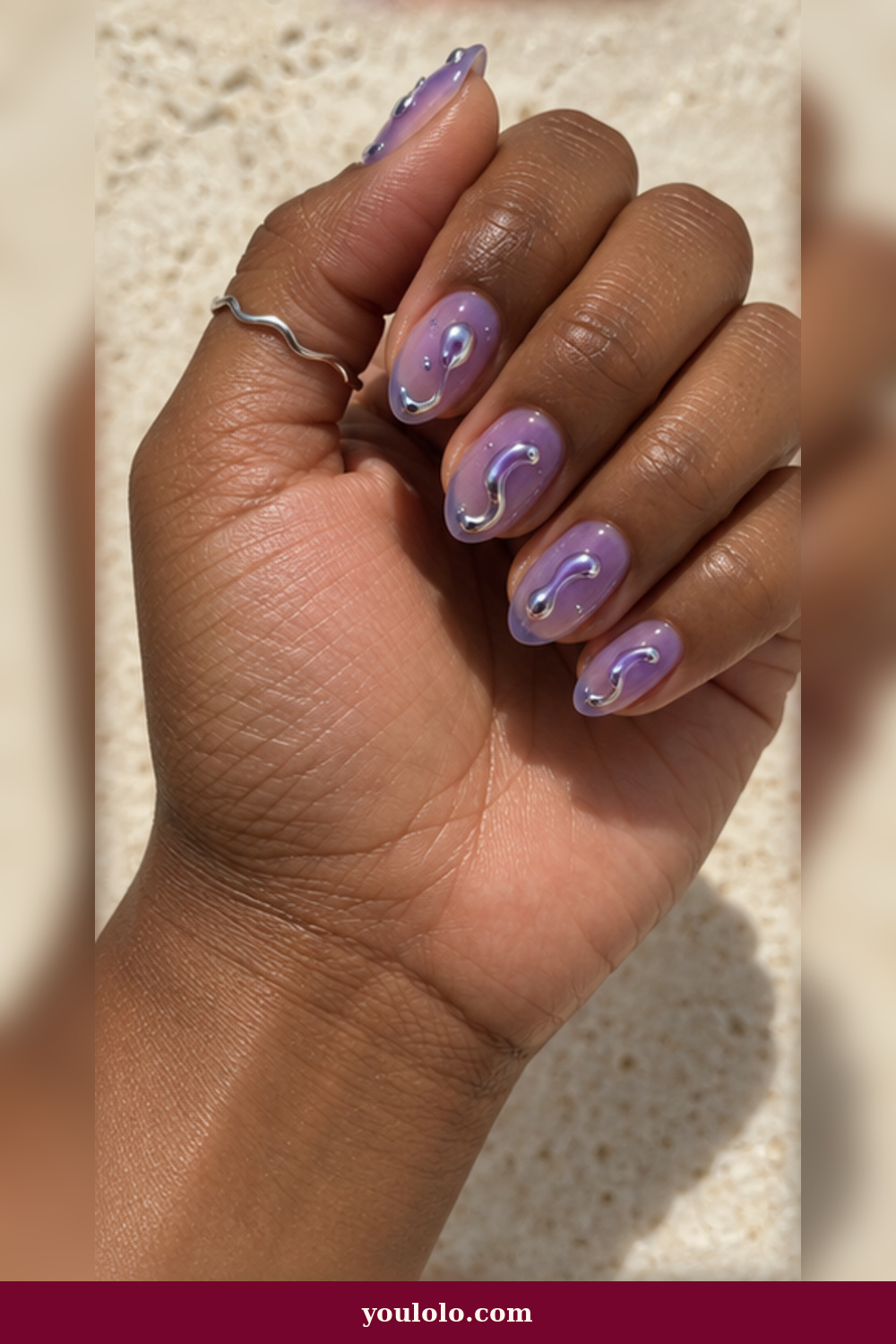 Festival Nails idea 1: ultraviolet chrome droplets on short almond nails