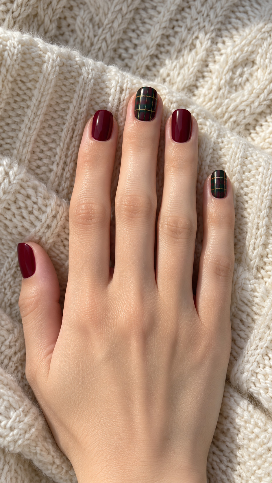 Plaid Nails idea 1: Wine and Forest Accent manicure on a realistic feminine hand