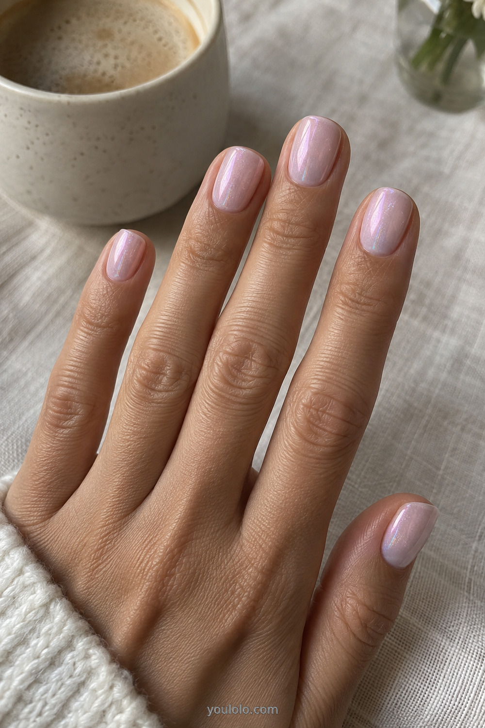 Unicorn Nails with a subtle opalescent veil on short squoval nails