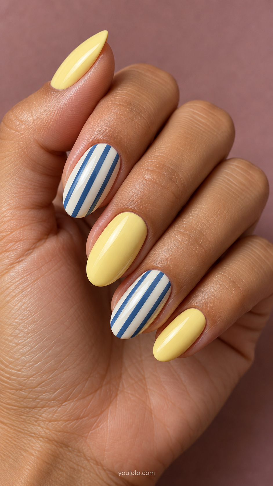 Blue and ivory vertical stripes manicure