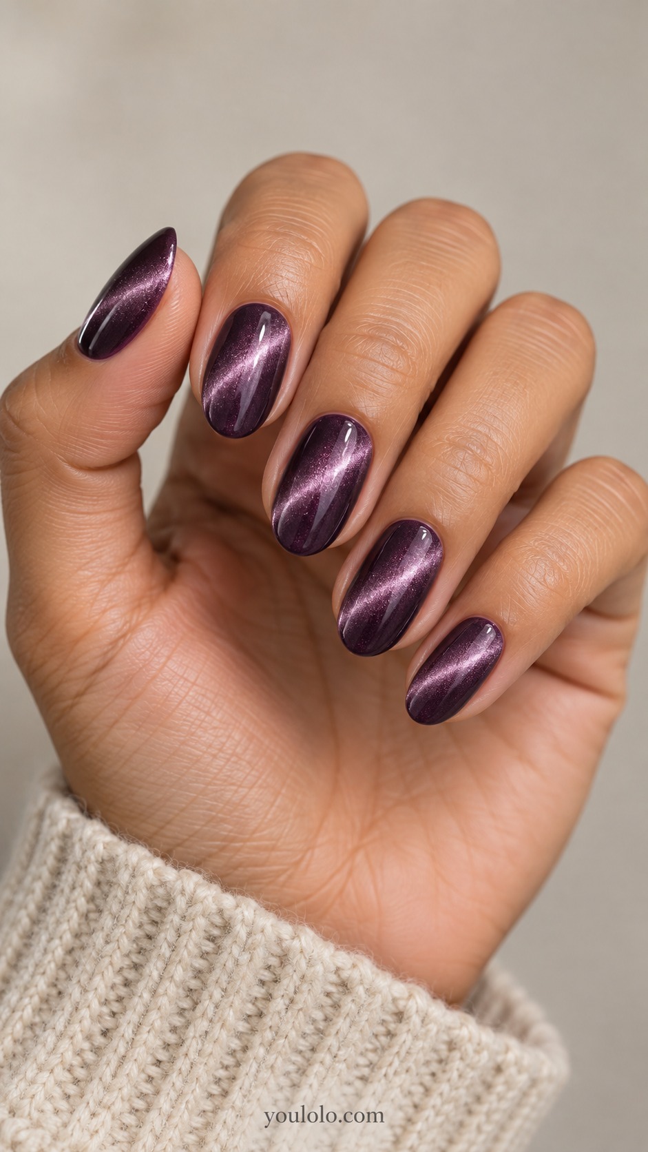 plum cat eye nails — Diagonal Amethyst Beam