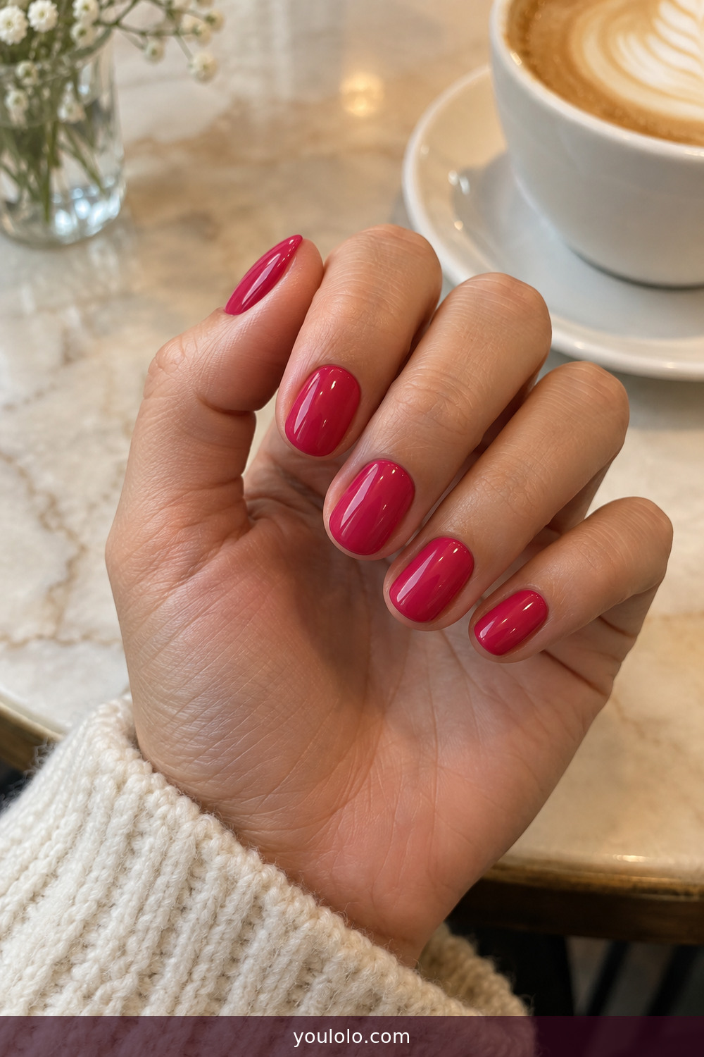 Fresh raspberry creme manicure on short oval nails