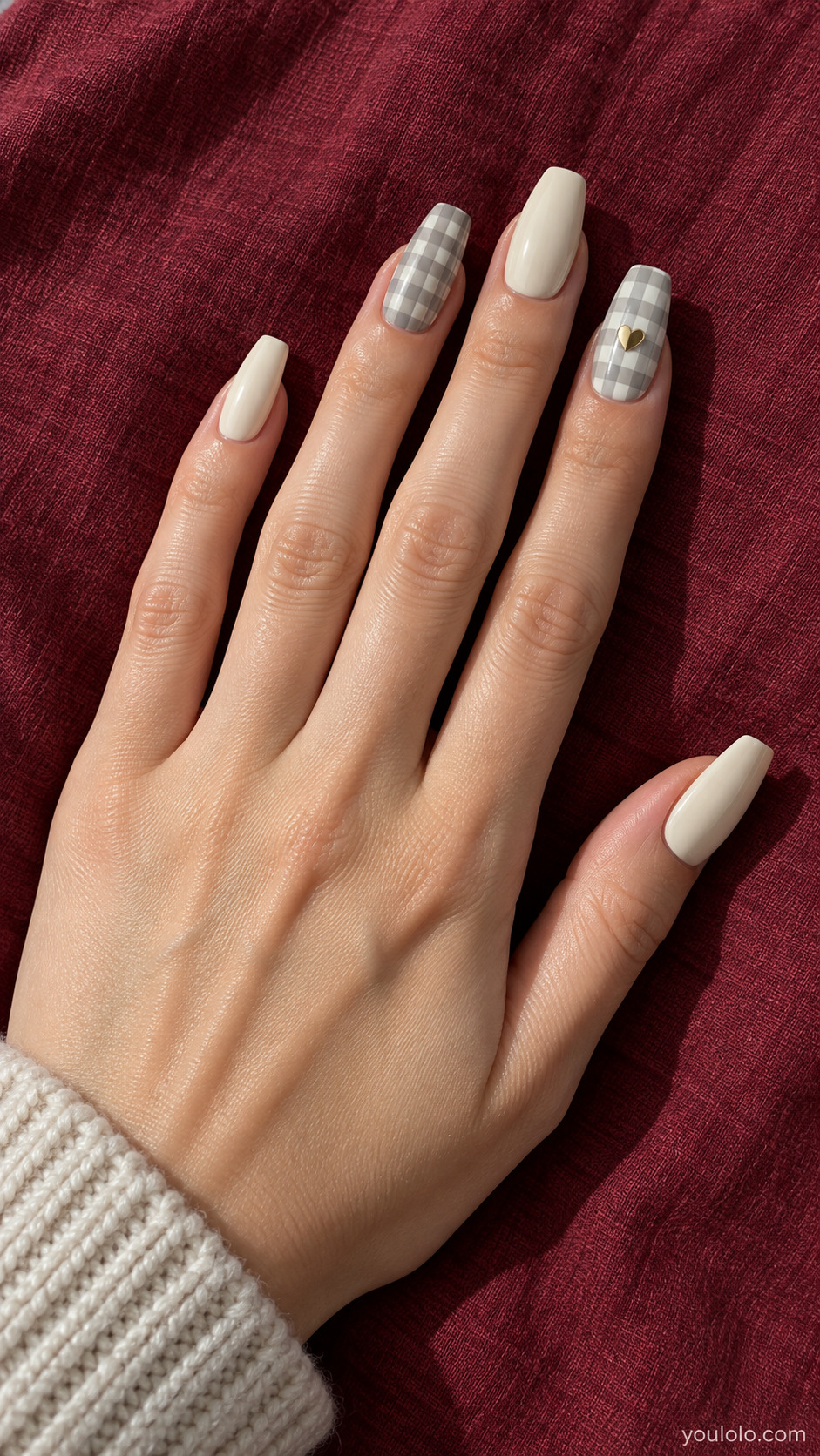 Gold Heart Accent — Medium coffin nails; grey gingham two accent nails, cream other nails, one tiny flat gold heart centered on ring.