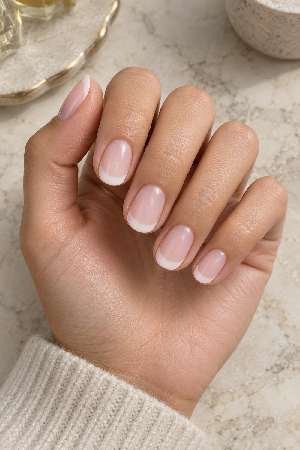 Soft milky French manicure on short rounded nails