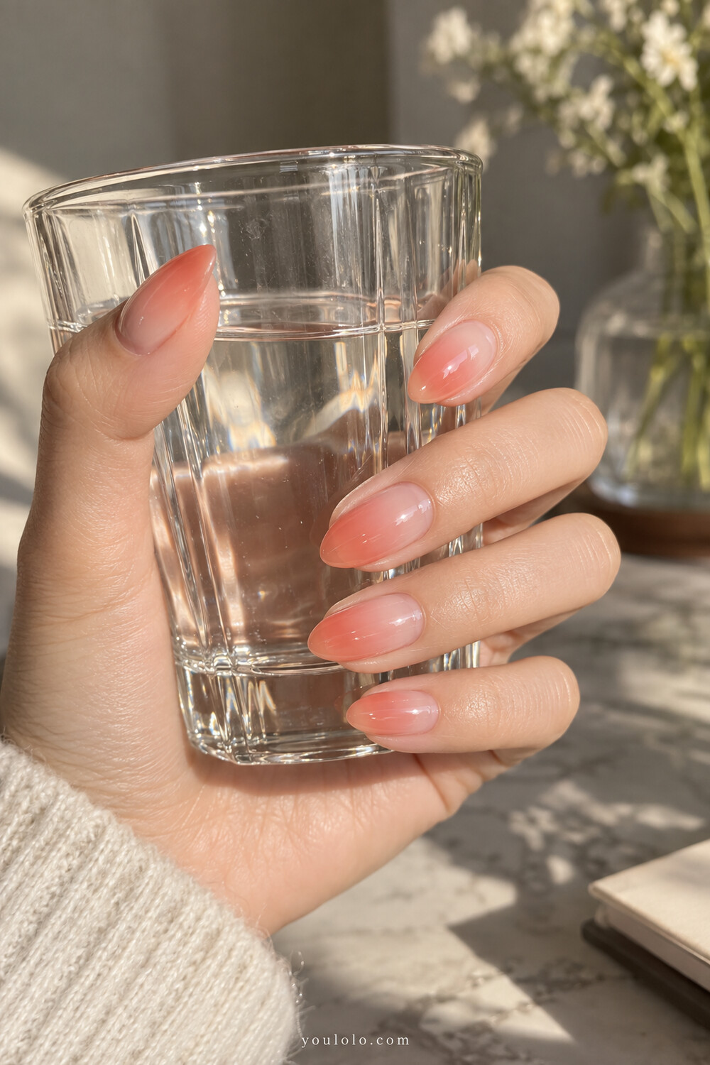 Peach Korean syrup nails with a translucent tip gradient