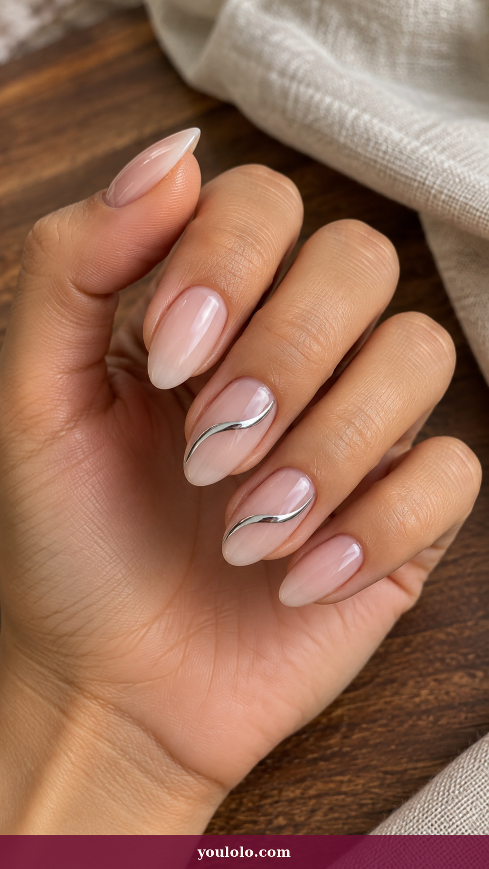 Douyin Nails idea 2: Silver Ribbon Veil on a realistic feminine hand