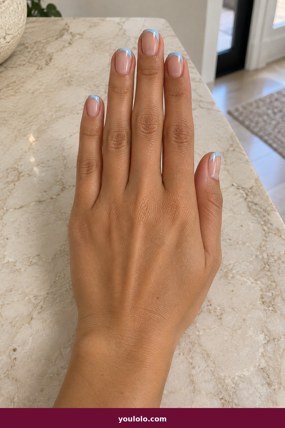 Short Nails Inspo idea 2: Sky Corner Tips, short squoval nude nails with small sky-blue corner tips