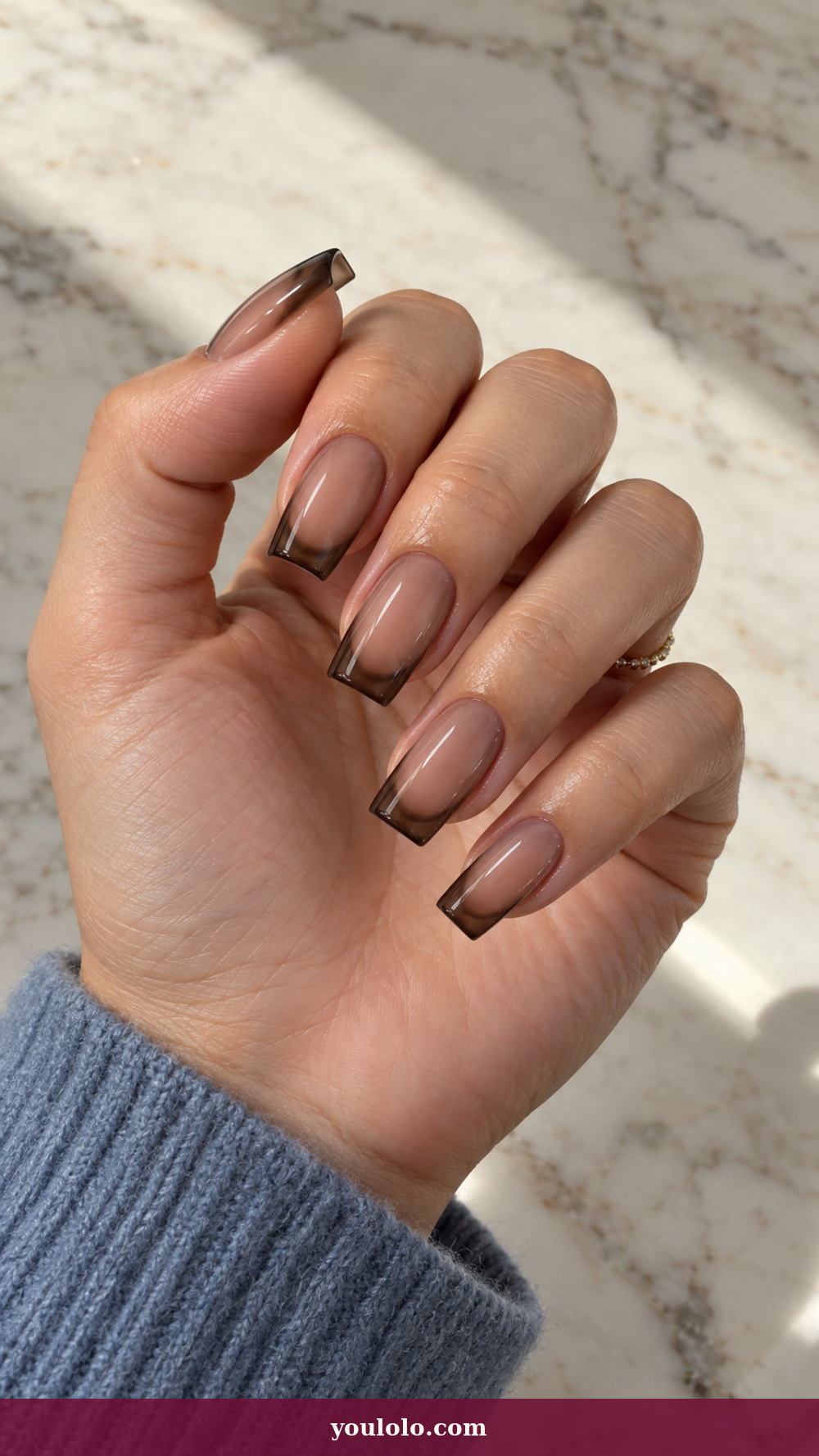 Long Square Nails idea 2: Smoked Resin Frame on a realistic feminine hand