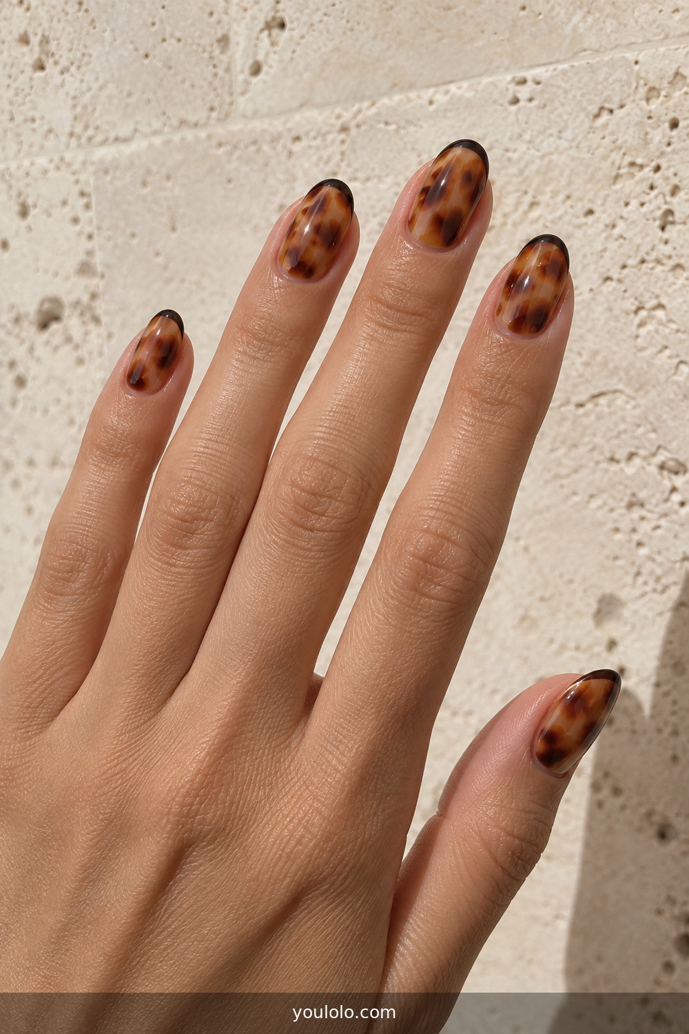 Amber tortoiseshell manicure with espresso micro French tips