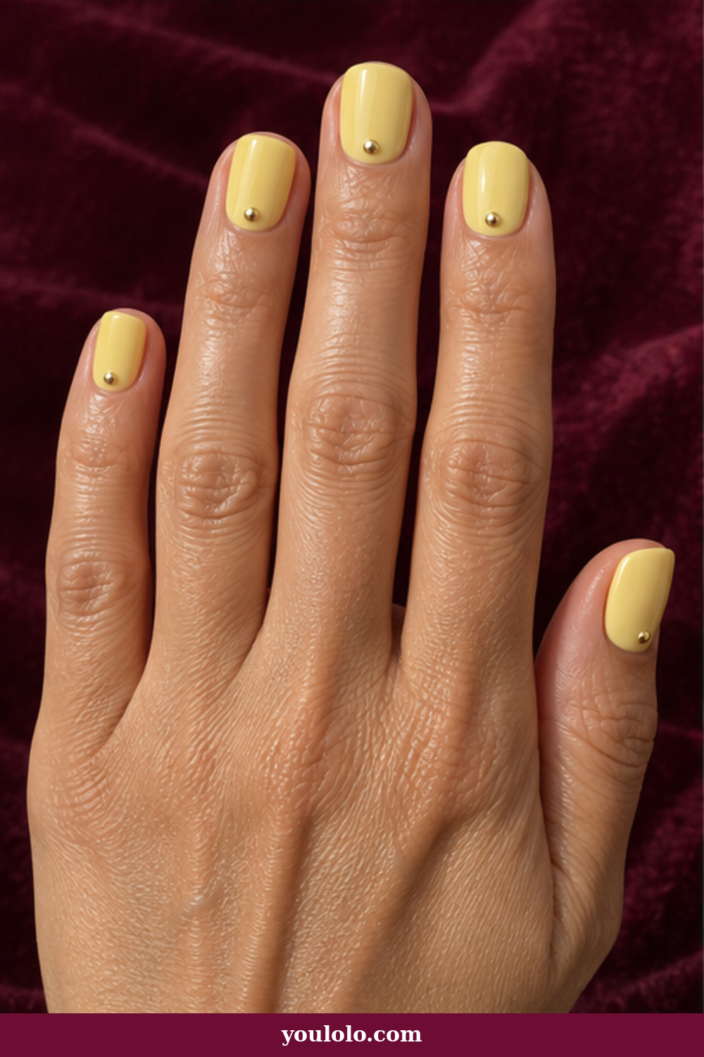 Lemon Nails idea 3: glossy butter yellow nails with tiny gold cuticle dots
