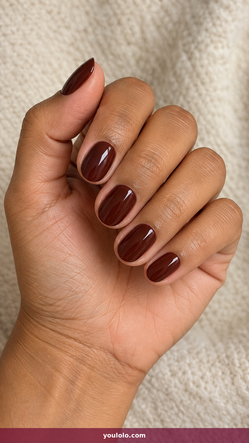 Short Oval Nails idea 3: Chilli Chocolate Cream in a realistic fall manicure