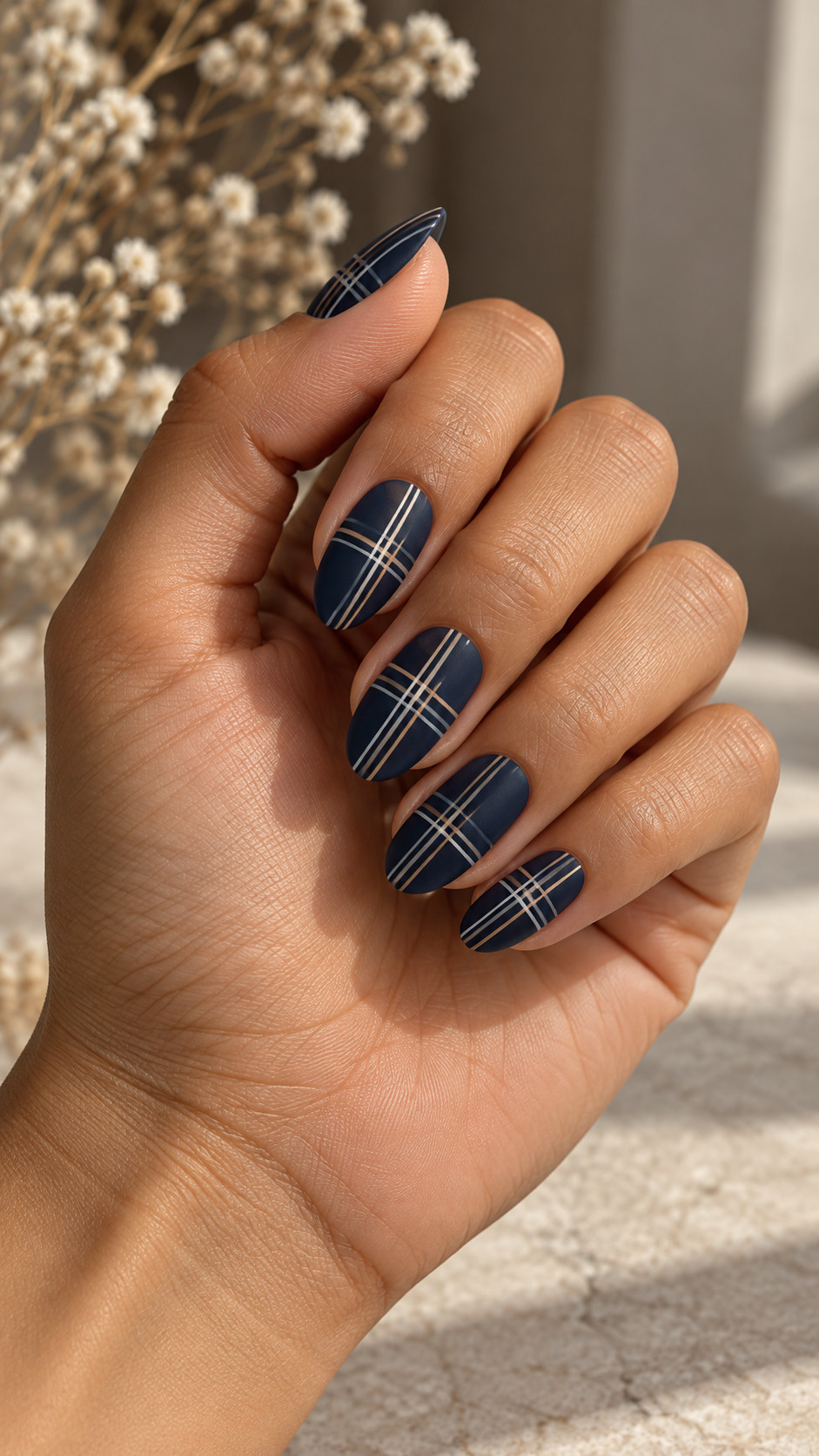 Plaid Nails idea 3: Navy Pinstripe Grid manicure on a realistic feminine hand