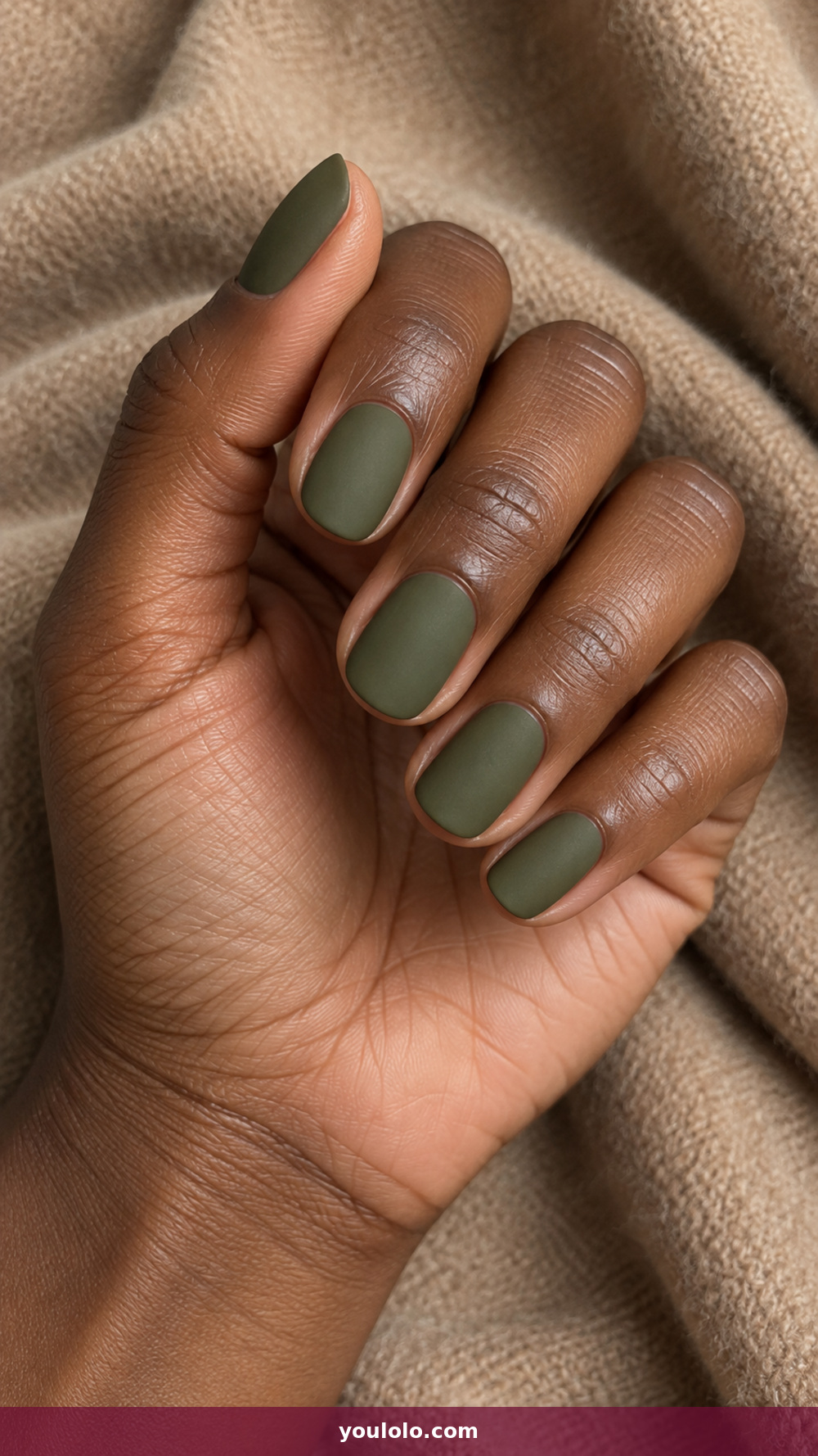 Matte Nails idea 3: Olive Velvet Shorties in a realistic fall manicure
