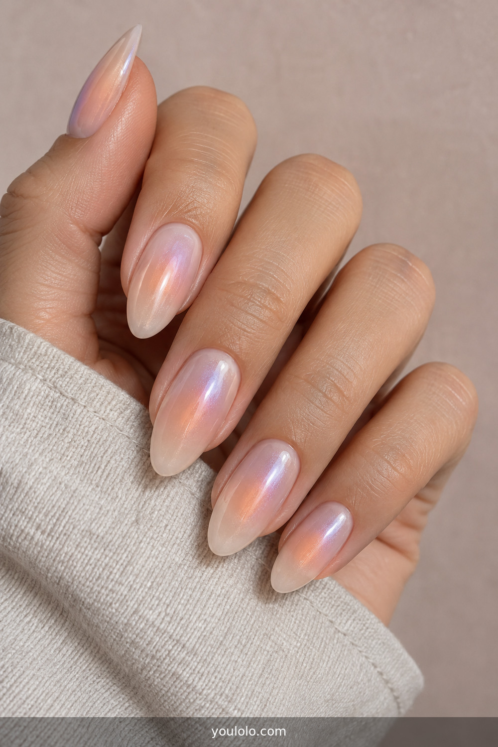 Peach and lilac aura chrome almond manicure