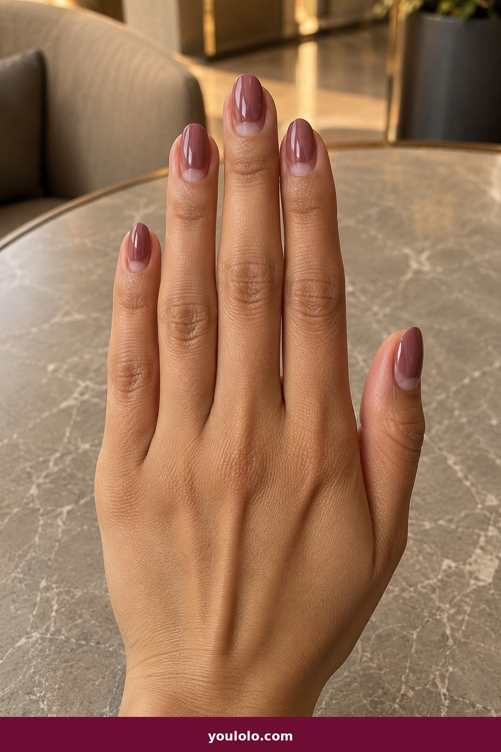Work Nails idea 3: Rosewood Half Moon, medium oval muted rosewood nails with tiny bare half-moons at the cuticle