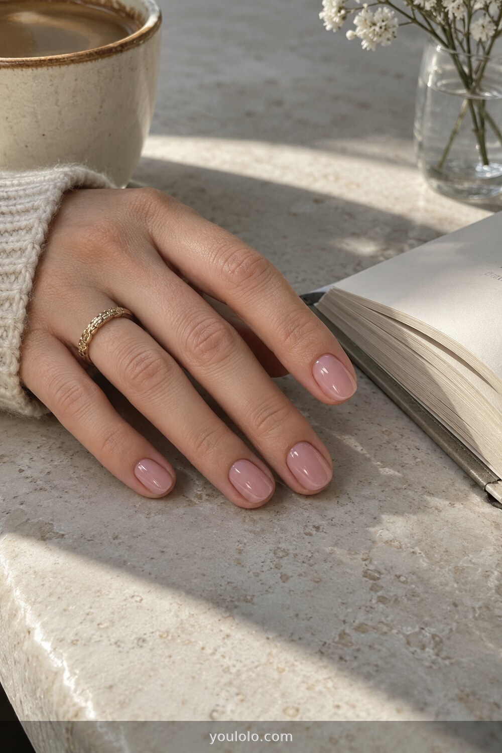 Sheer rose gloss manicure on short oval nails