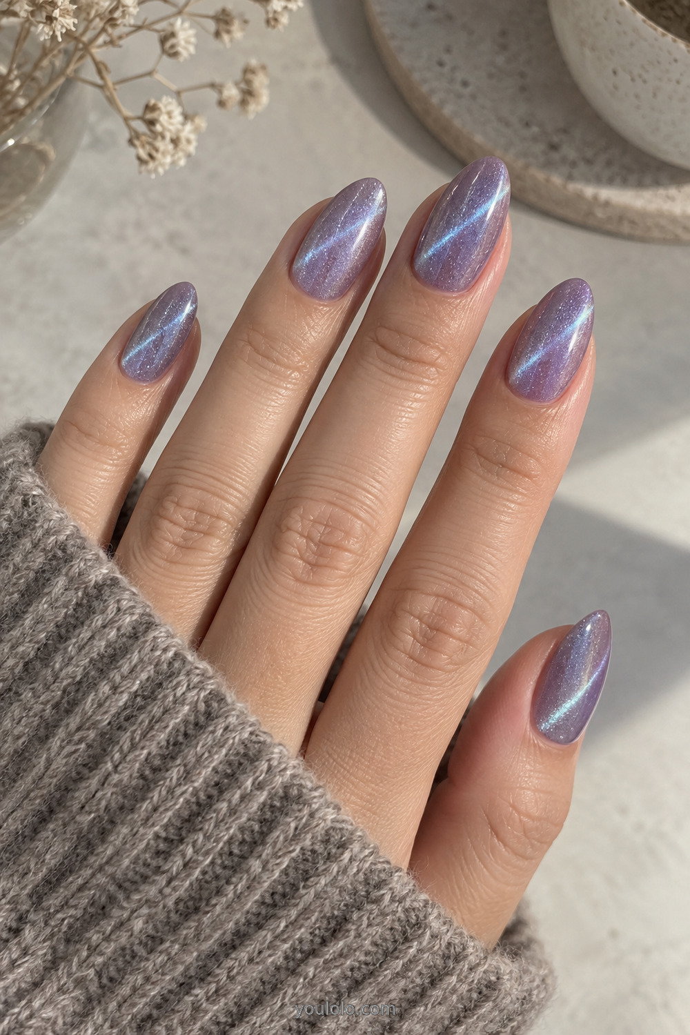 Lavender velvet cat eye Unicorn Nails with an icy aqua beam
