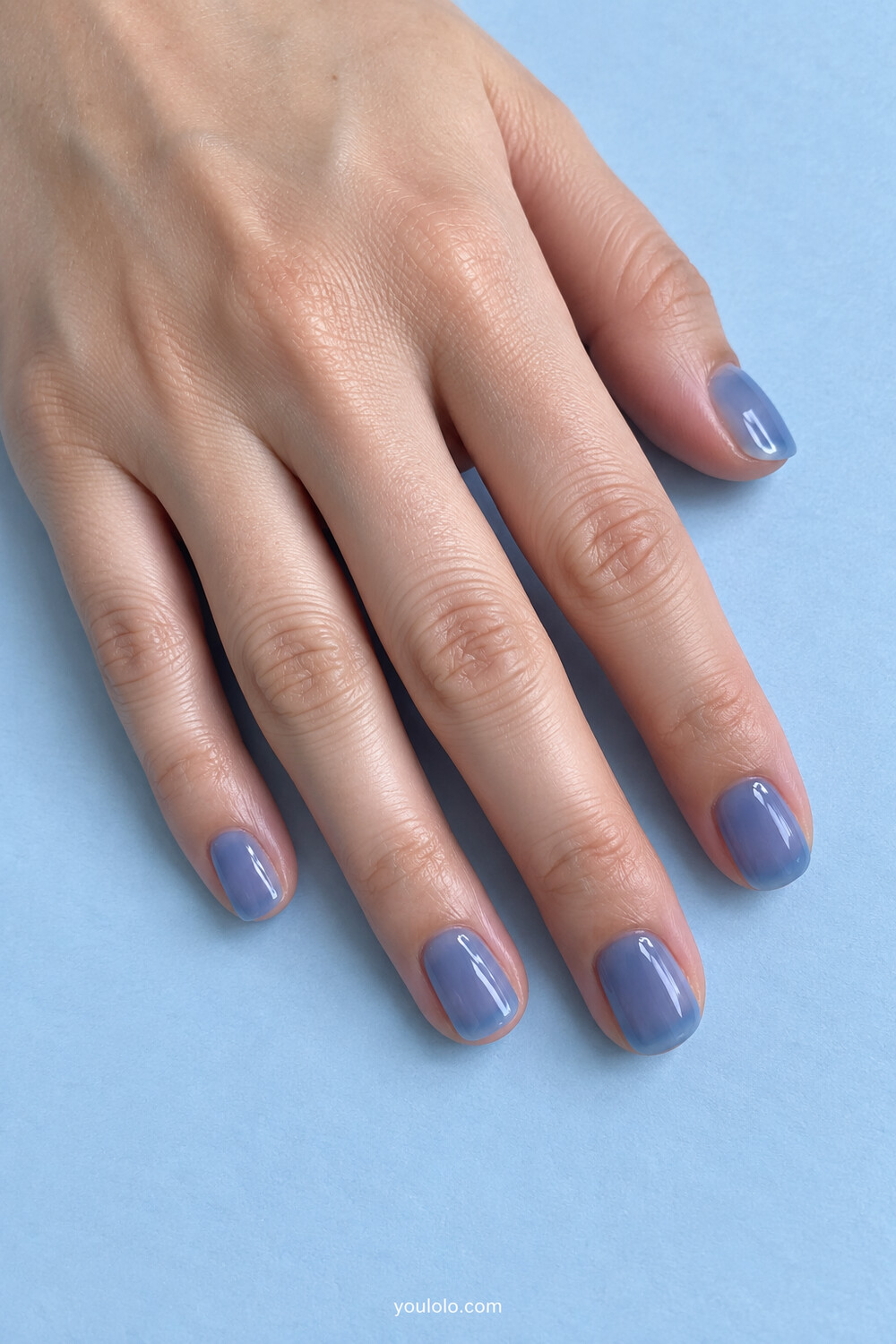 Clear blueberry blue Korean jelly nails on short squoval nails