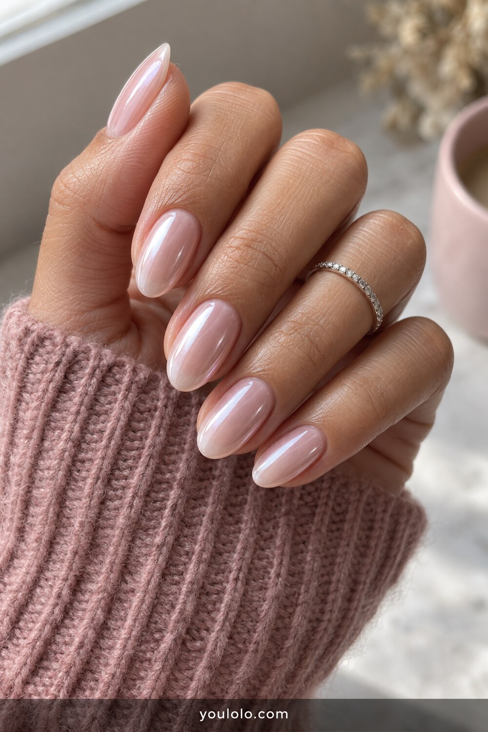 Blush toned Milky White Chrome Nails with pearl shine