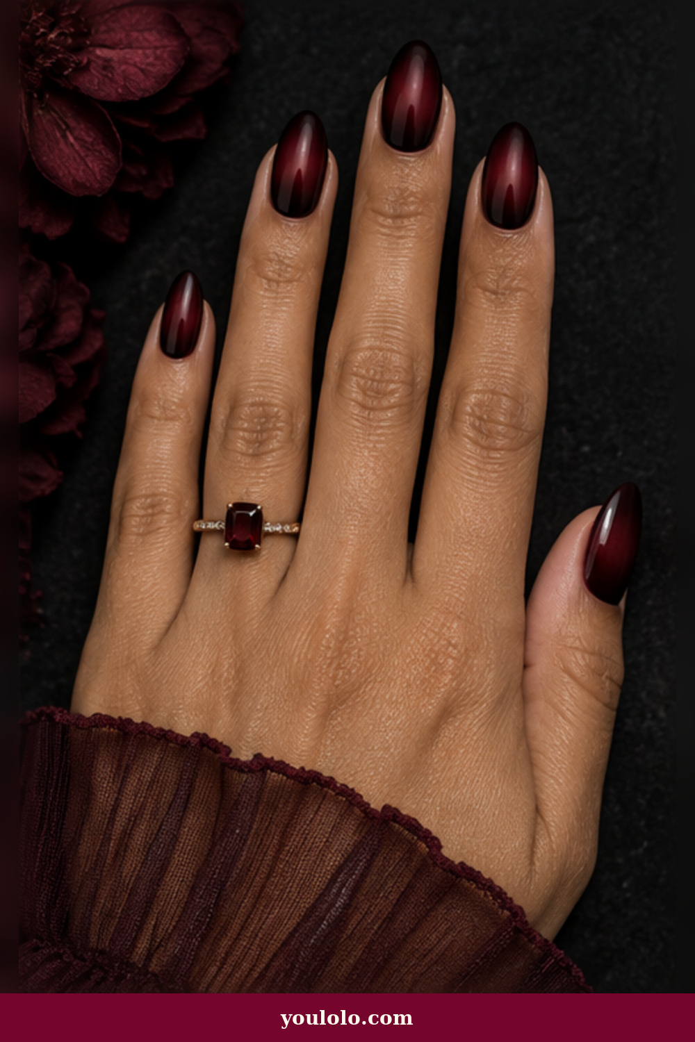 Emo Nails idea 4: burgundy-to-black aura nails with a fine dark outline