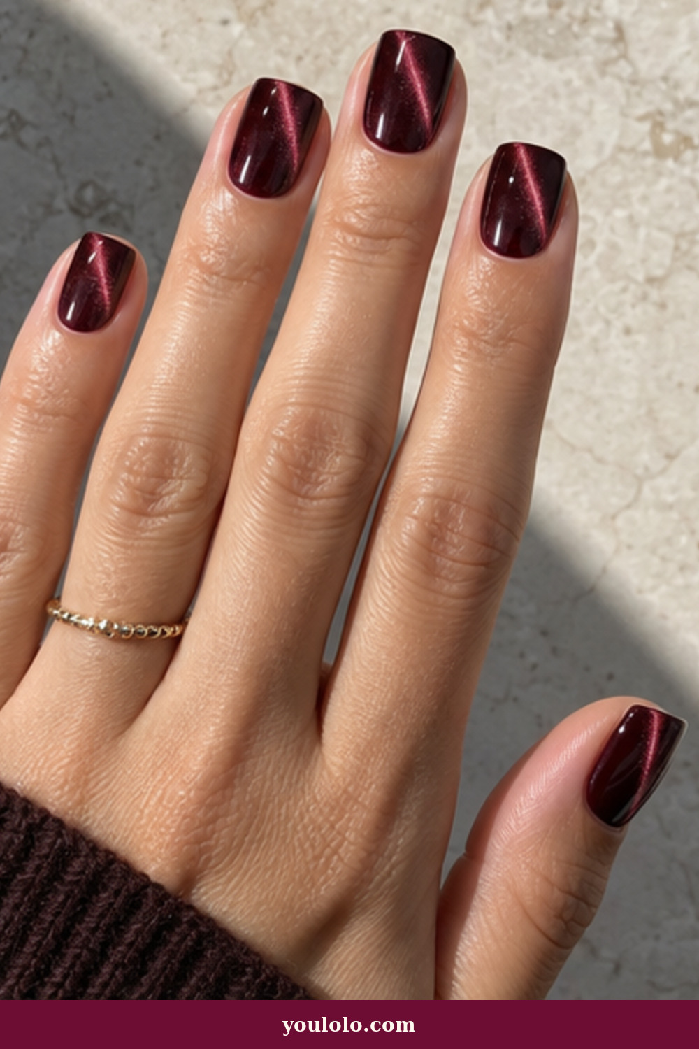 Squoval Nails idea 4: Burgundy Velvet Cat-Eye