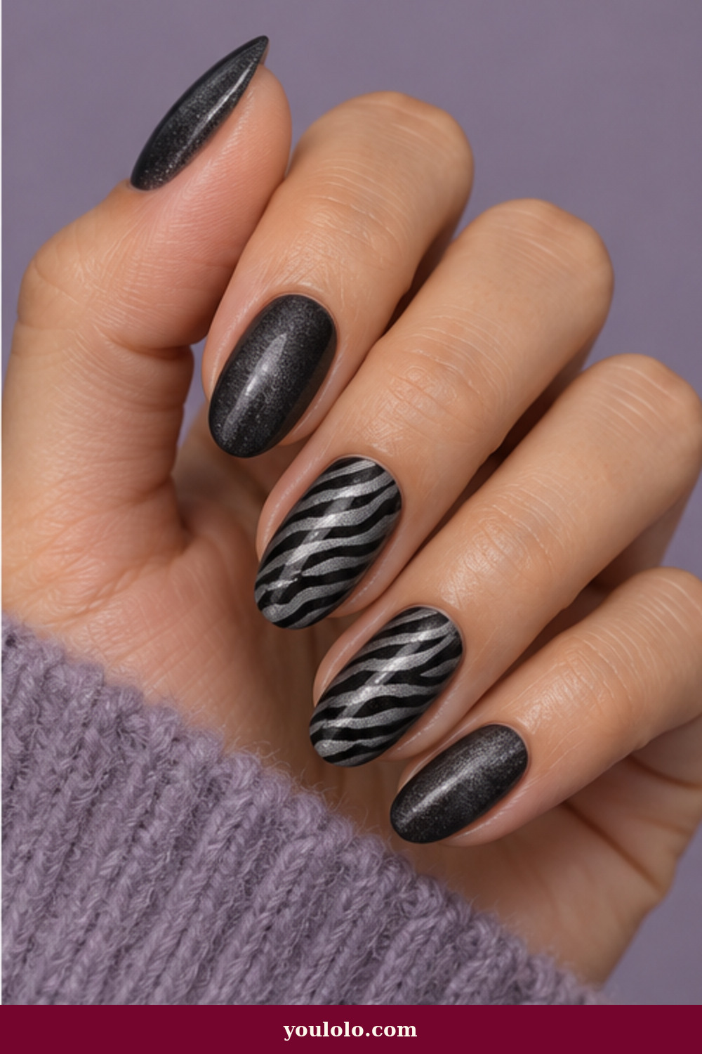 Zebra Print Nails idea 4: Charcoal Velvet Zebra