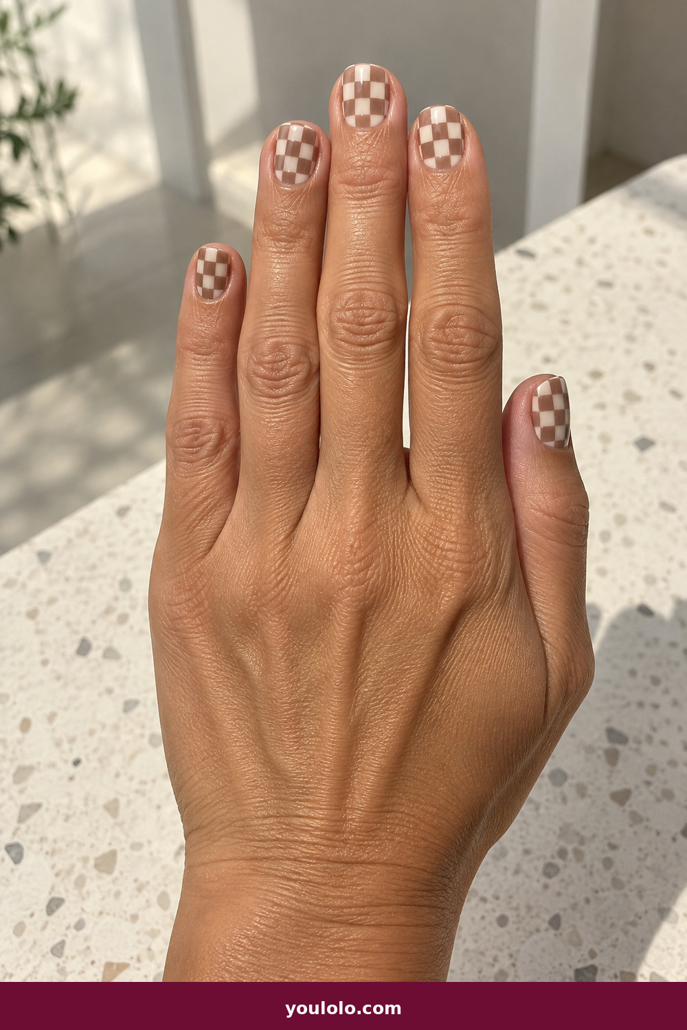 Short Nails Inspo idea 4: Cocoa Checker, short square nails with a restrained cocoa and cream micro-check pattern