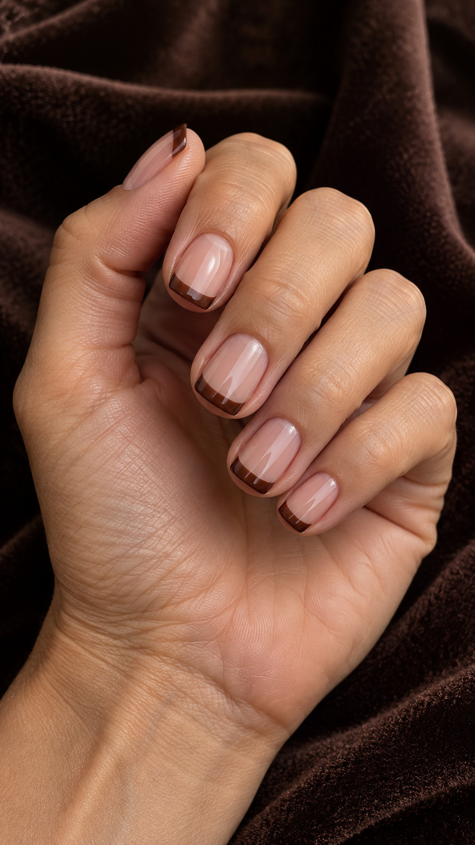 Chocolate Brown Nails idea 4: Cocoa French Tips manicure on a realistic feminine hand