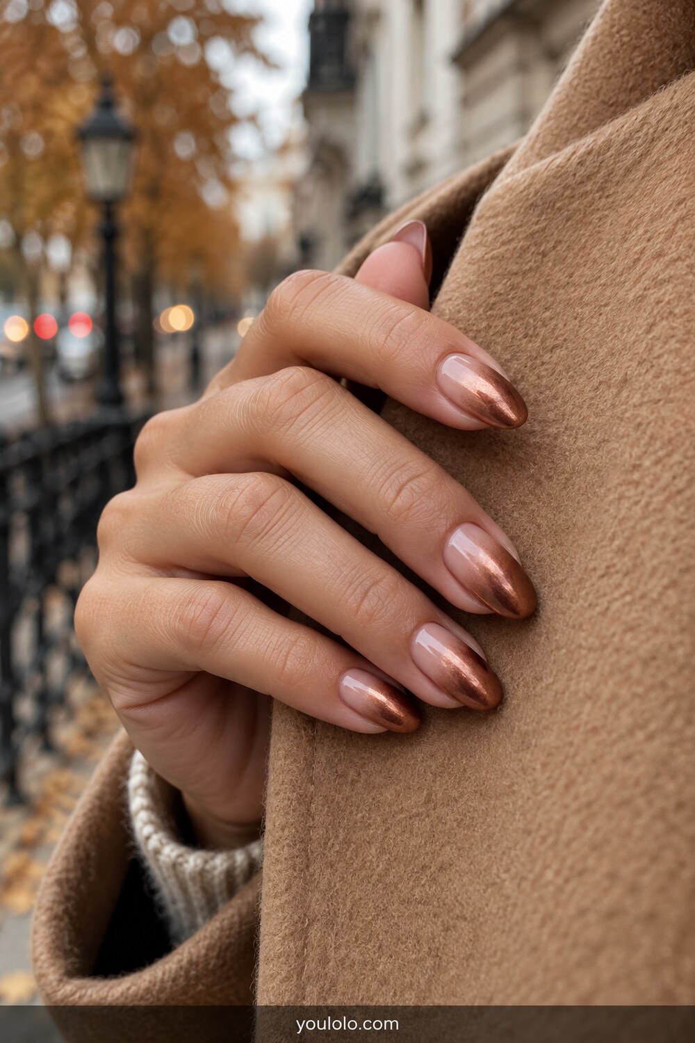 Soft copper chrome fade on almond shaped nails