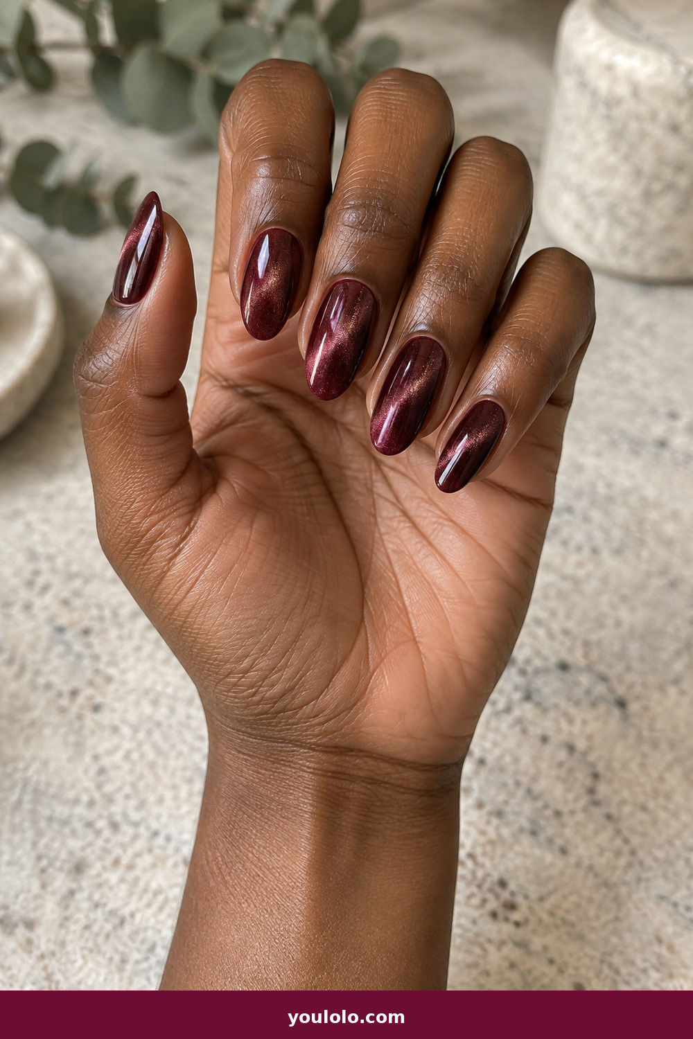 Elegant Almond Nails idea 4: Merlot Velvet, medium almond deep merlot magnetic velvet manicure