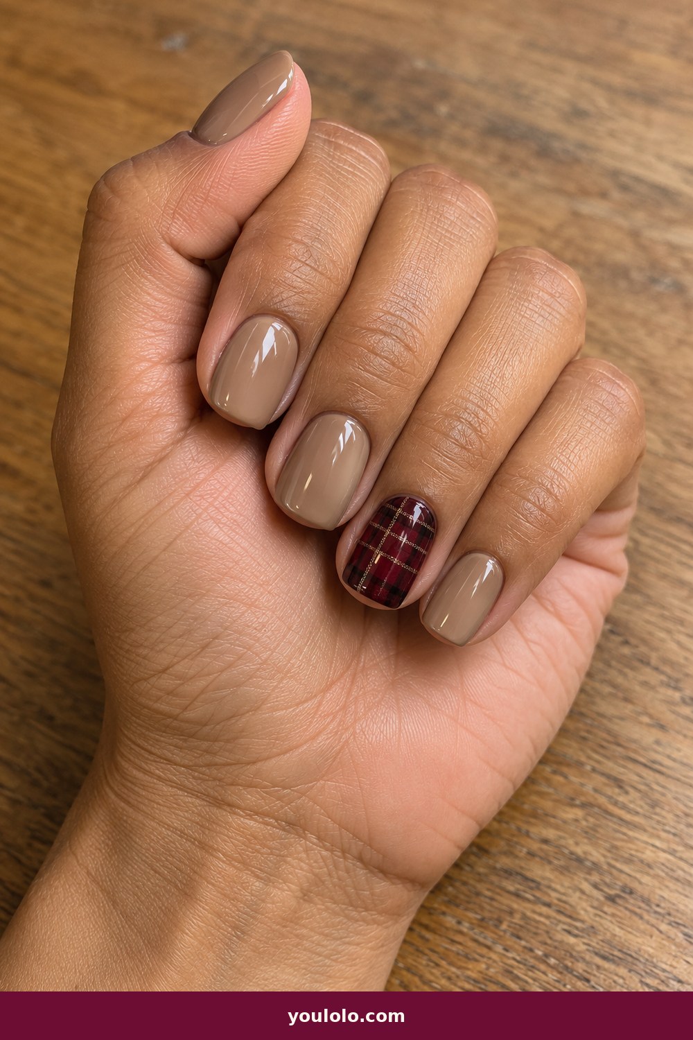 Burberry Nails idea 4: Oxblood Tartan Accent