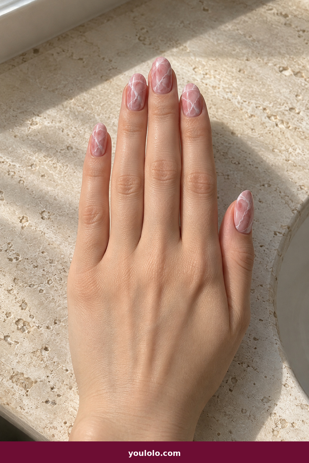 Pink and White Nails idea 4: Pink Quartz Slice, medium oval pink quartz marbling with clean white mineral veins