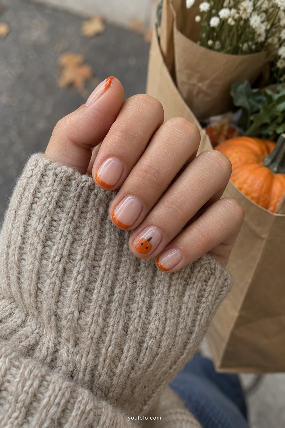 Pumpkin orange micro tips on practical short rounded nails