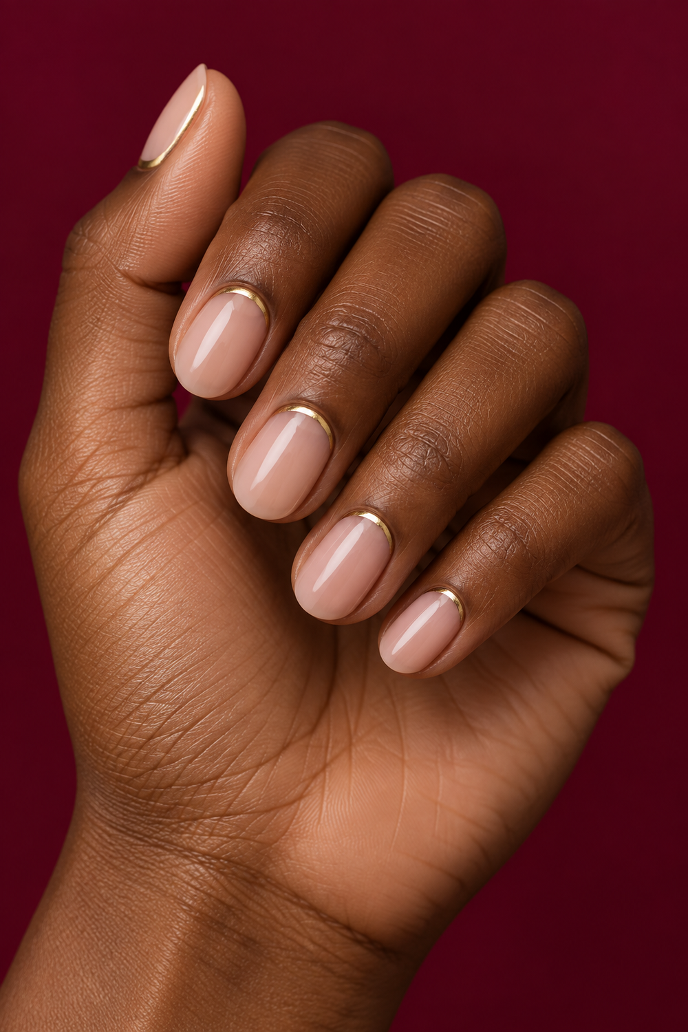 Reverse French manicure with thin gold cuticle crescents