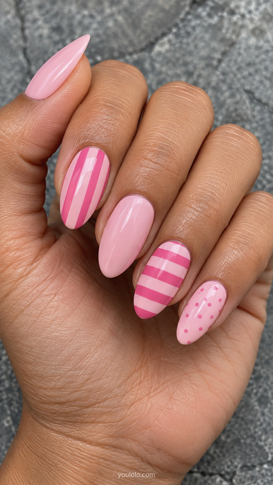 Pink striped nails — alternating stripe directions