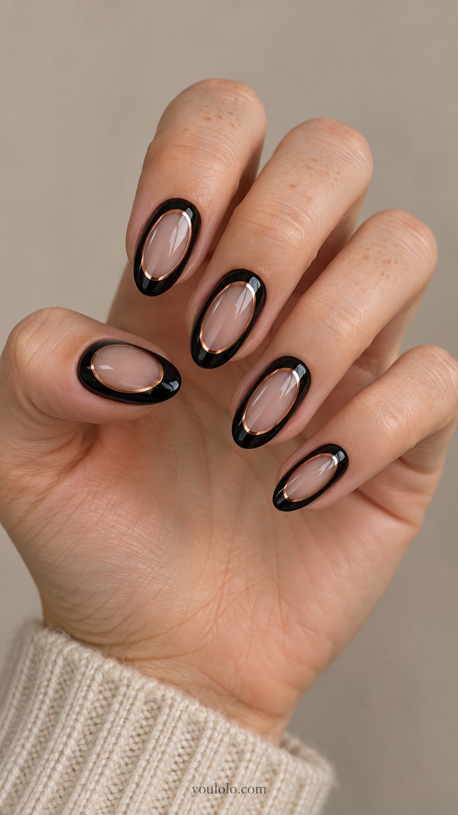 copper chrome nails — Black Negative-Space Oval