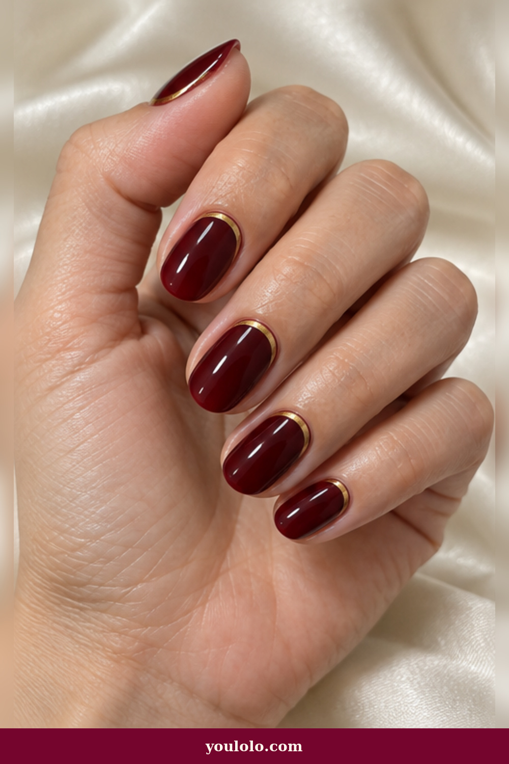 Burgundy and Gold Cuticle Crescents Christmas Nails Short idea