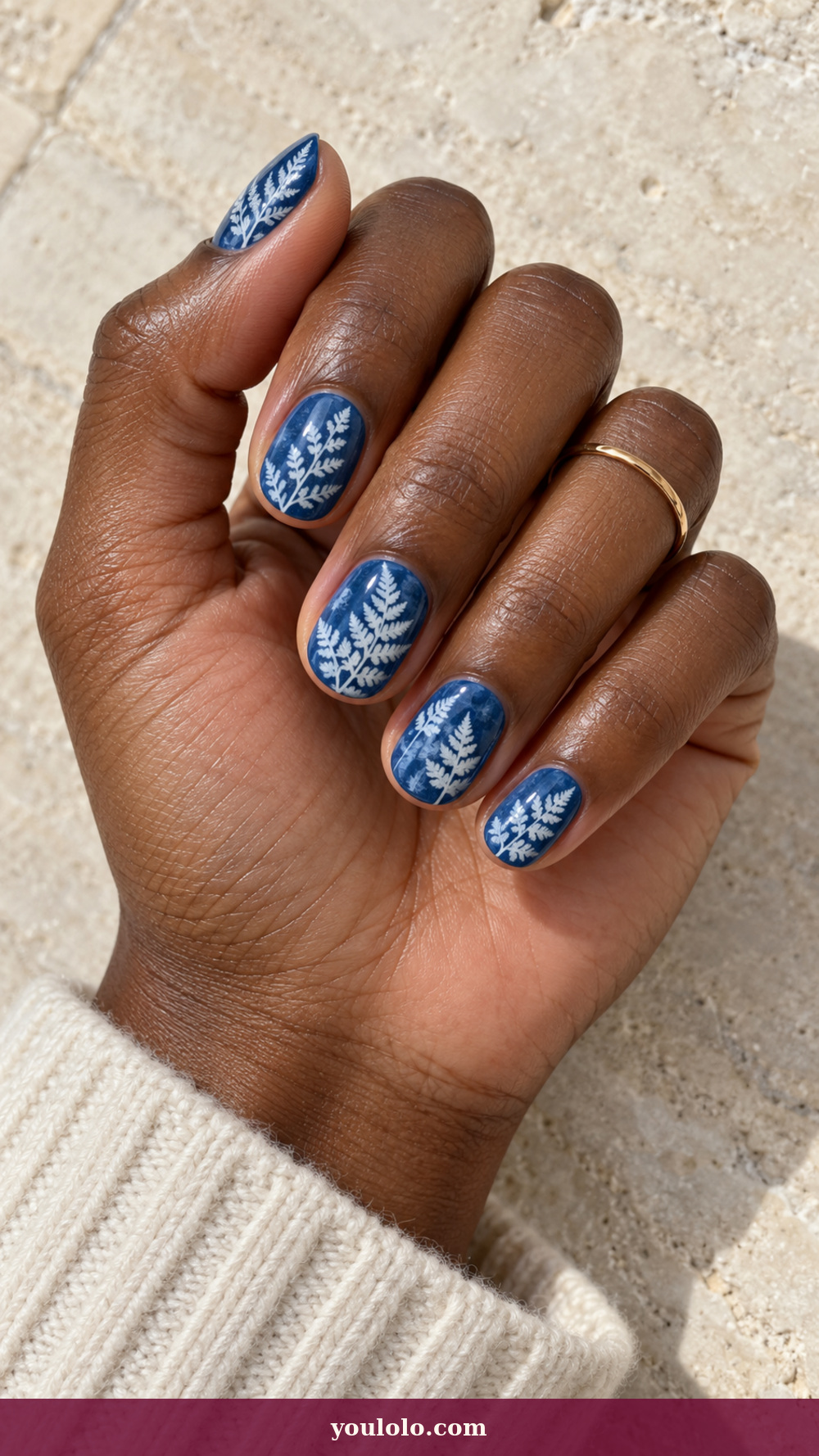 Blue and White Nails idea 5: Cyanotype Fern Imprint on a realistic feminine hand