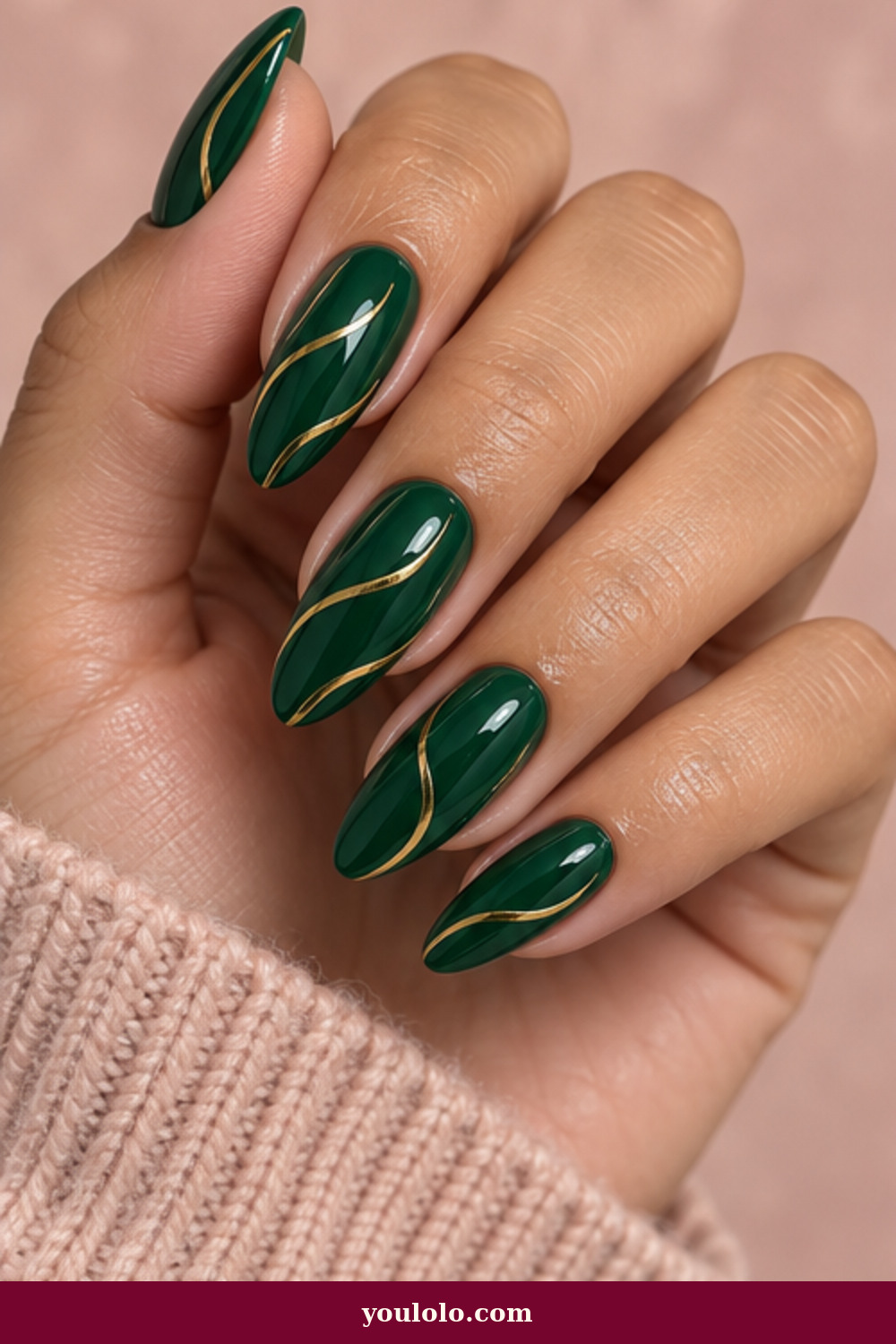 Emerald Green Nails idea 5: Emerald Gold Ribbons