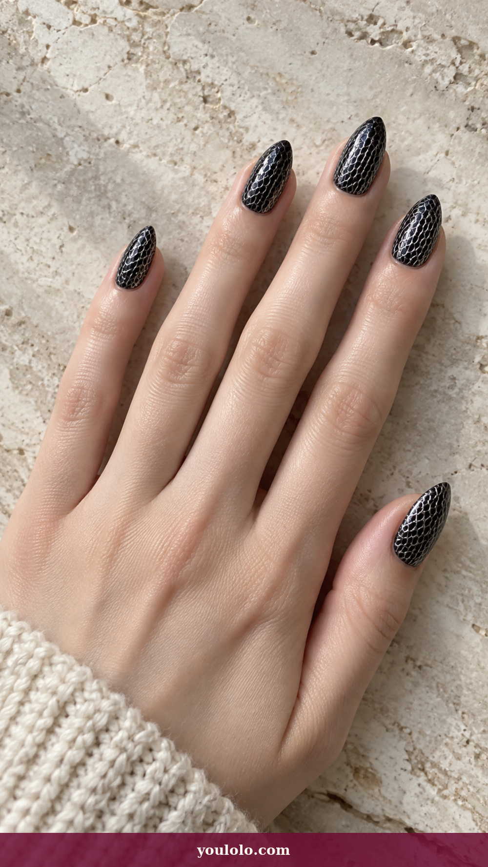 Short Stiletto Nails idea 5: Graphite Chainmail on a realistic feminine hand