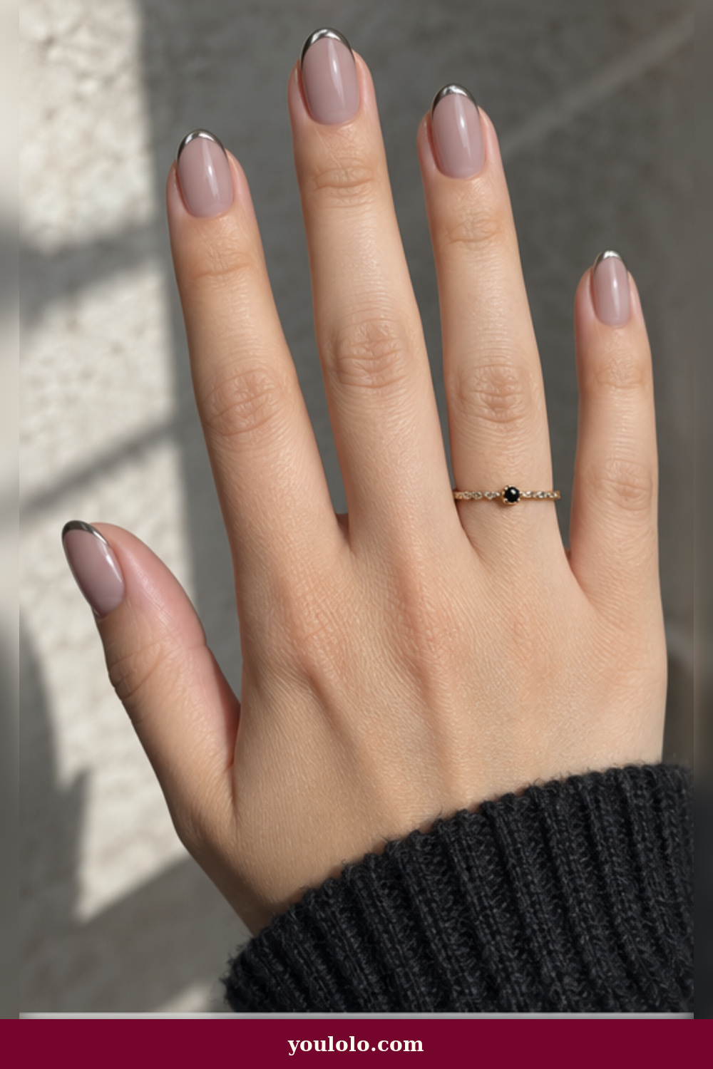 Emo Nails idea 5: sheer nude nails with ultra-thin gunmetal chrome tips